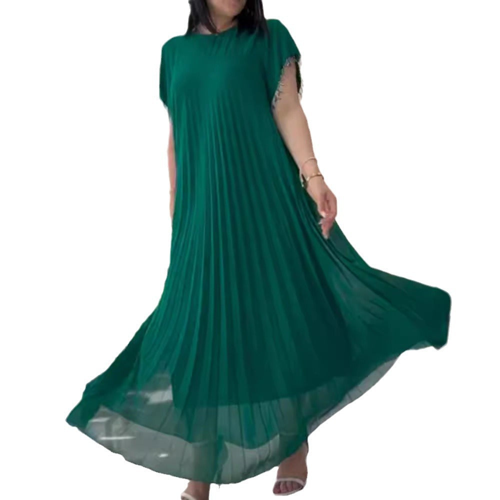 Damen nan elegantes Chiffon-Faltenmaxikleid mit weitem Schwingrock und Quastenärmeln Echo Archiv