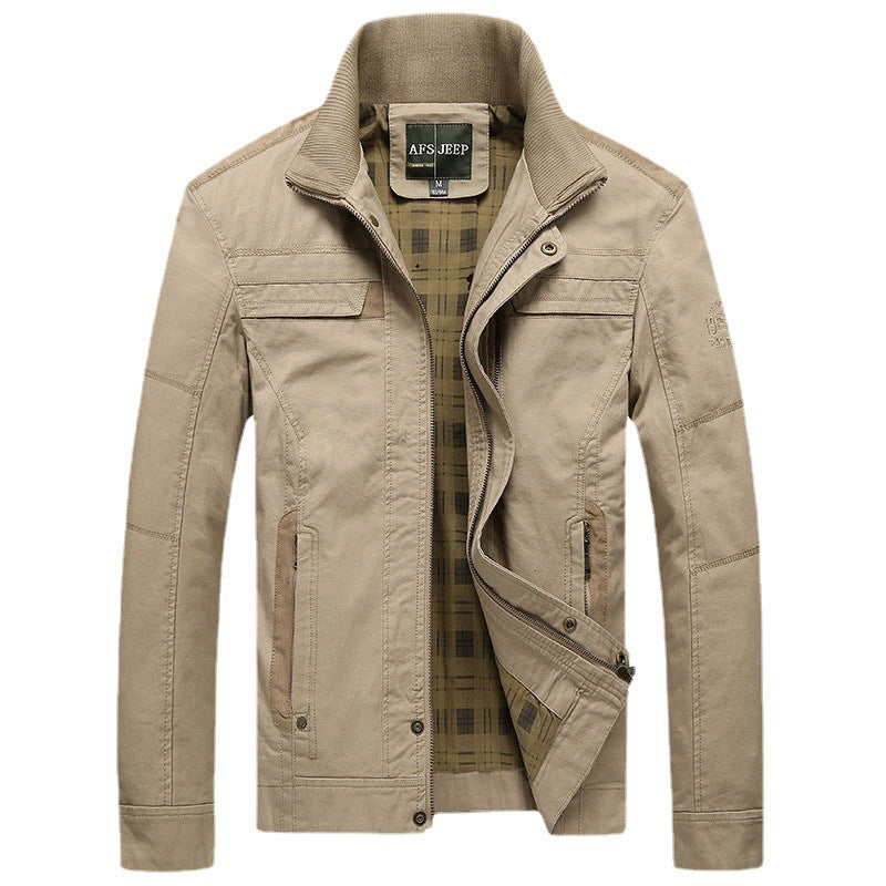 Herren Canvas-Übergangsjacke mit Rippenkragen, verdecktem Reißverschluss und kariertem Innenfutter – Taviero
