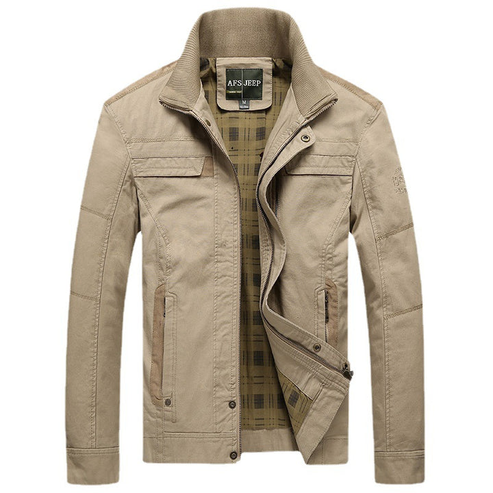 Herren Canvas-Übergangsjacke mit Rippenkragen, verdecktem Reißverschluss und kariertem Innenfutter – Taviero