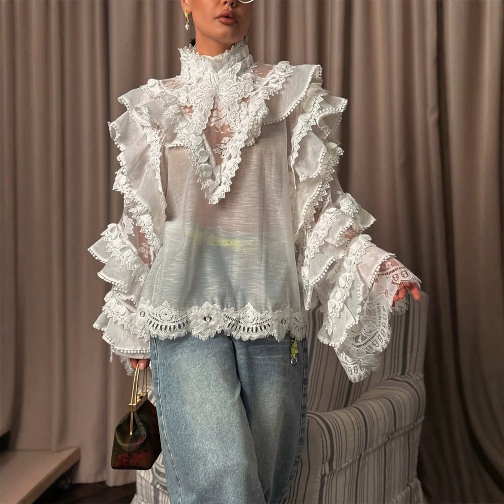 Damen Transparente Spitzenbluse mit Volant-Ärmeln und hohem Stehkragen Echoarchiv