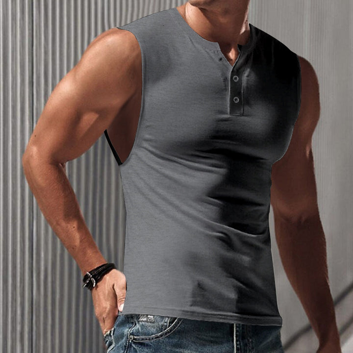 Herren nan ärmelloses Muskelshirt mit Henley-Knopfleiste, tiefem Armausschnitt und elastischem Baumwollmix Echo Archiv
