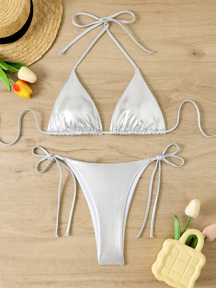 Damen Glänzendes Triangel-Bikini-Set mit verstellbaren Bändern Echo Archiv
