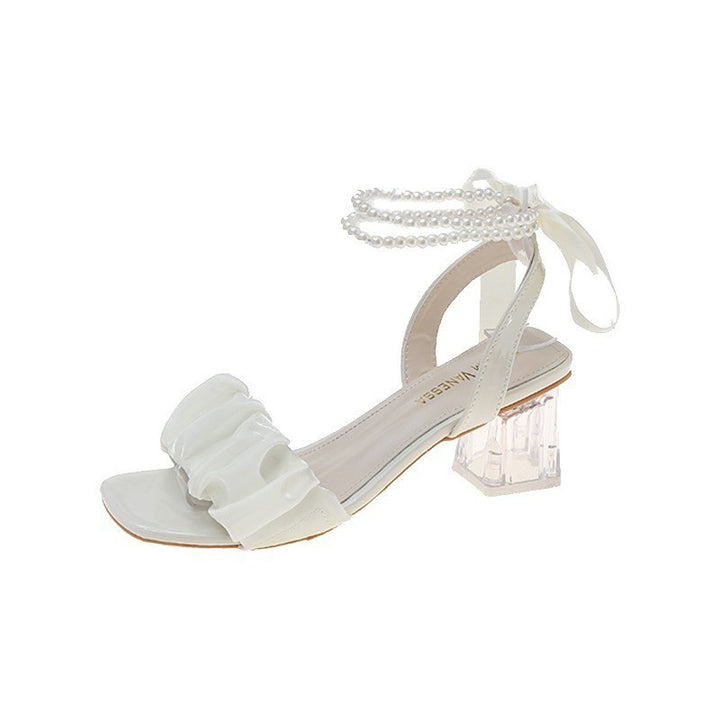 Damen Offene Riemchensandalen mit Perlenbesatz, Rüschenfront und transparentem Blockabsatz Echo Archiv