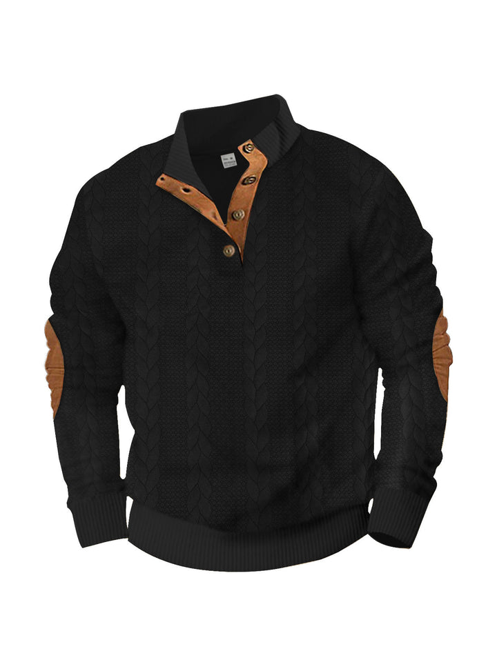 Herren nan lässiger Zopfstrickpullover mit verstärkter Knopfleiste und Wildleder-Ellenbogenpatches Echo Archiv