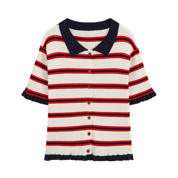 Damen Kurzärmelige gerippte Polokragen-Strickjacke mit Knopfleiste und Volantsaum Echo Archiv