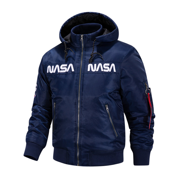Herren  Kapuzen glänzende Mikroschalen Astronaut-inspirierte Bomberjacke mit gesteppter thermischer Fütterung und Ärmeltasche Echo Archiv