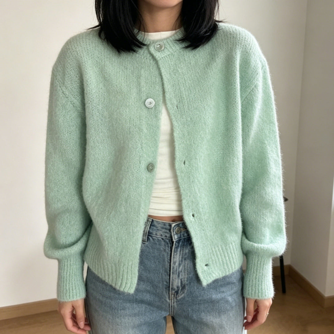 Damen Kuschelige Mohair-Optik Strickjacke mit Rundhals und Ballonärmeln – Veloura