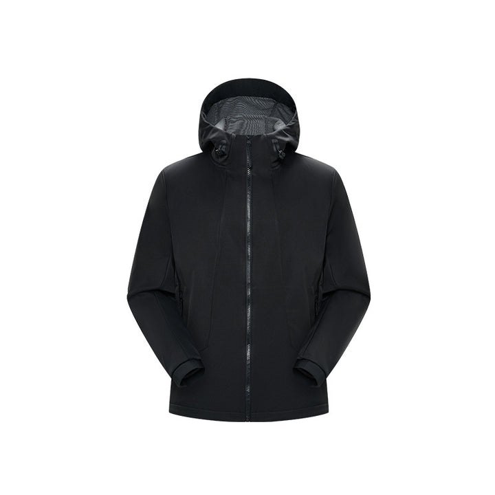 Herren Minimalistische Softshell‑Regenjacke mit verdecktem Reißverschluss, integrierter Kapuze und atmungsaktivem Meshfutter Echo Archiv