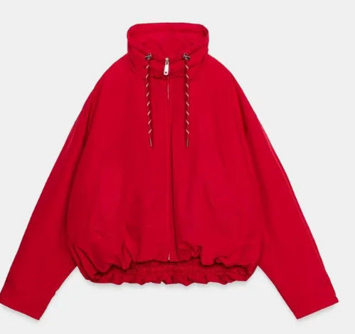 Damen Oversize Cropped Kapuzenjacke mit durchgehendem Reißverschluss, Kordelzug und gerafftem Saum Echo Archiv