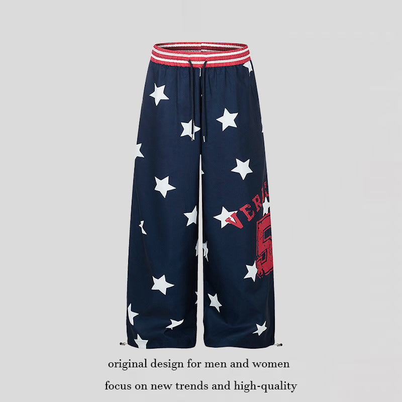 Damen Palazzo-Loungehose im Athleisure-Stil mit Stern-Allover, hohem Rippbund und Statement-Print Echoarchiv