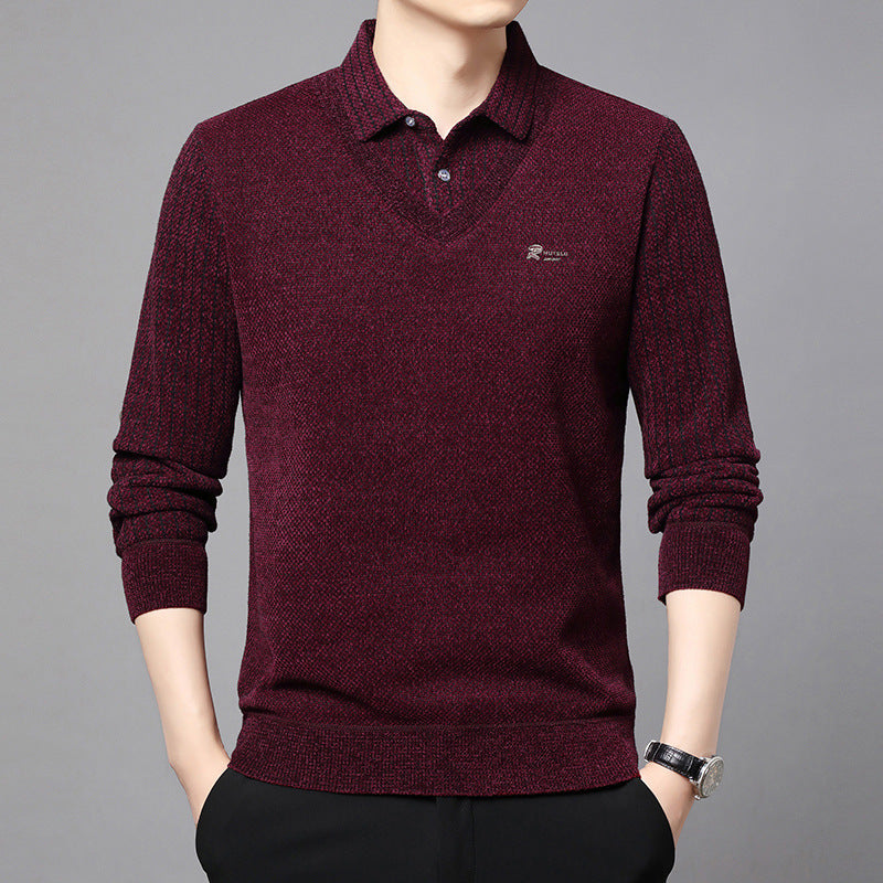 Herren eleganter V-Pullover mit strukturierten Ärmeln und klassischem Hemdkragen Echoarchiv