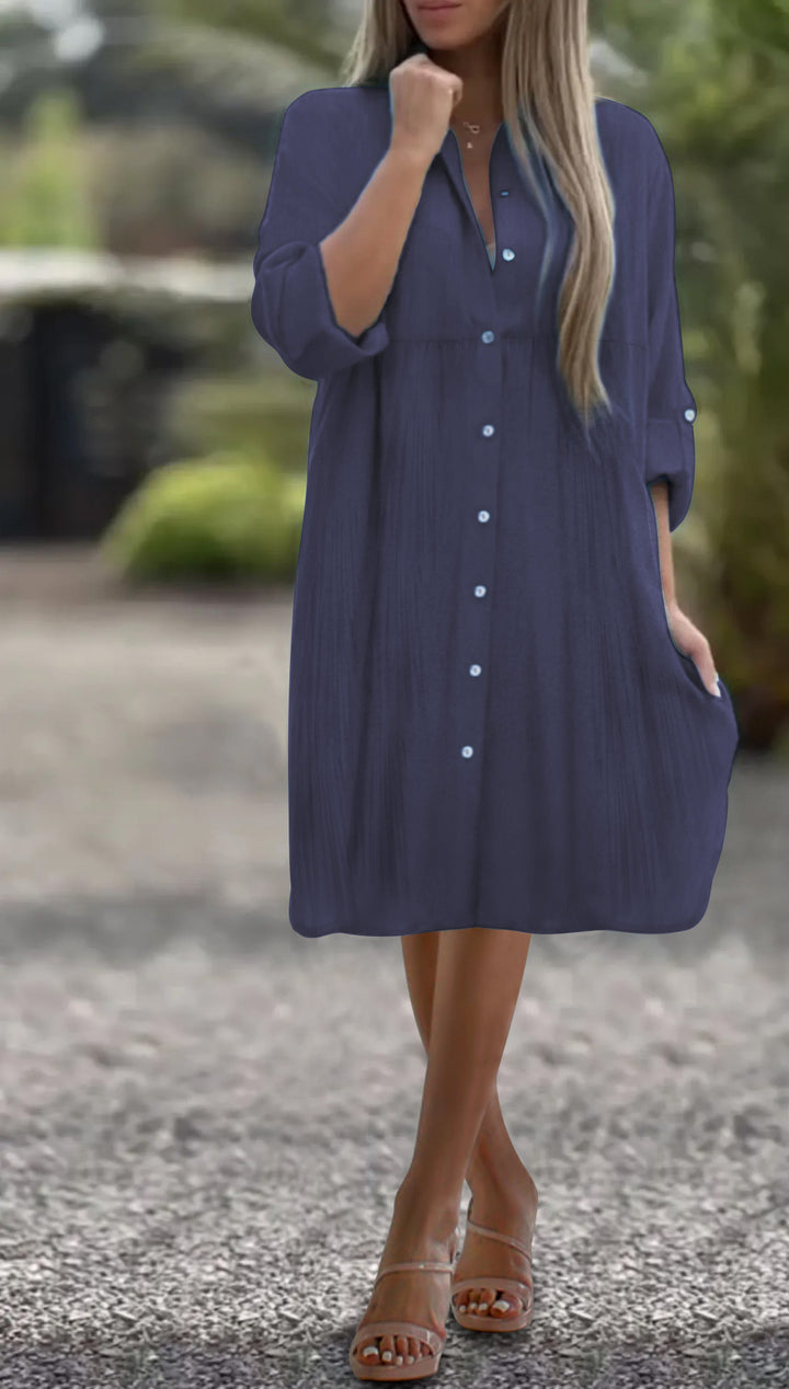 Damen Lockeres Hemdkleid mit Knopfleiste, 3/4-Ärmeln und Seitentaschen – Lunéa