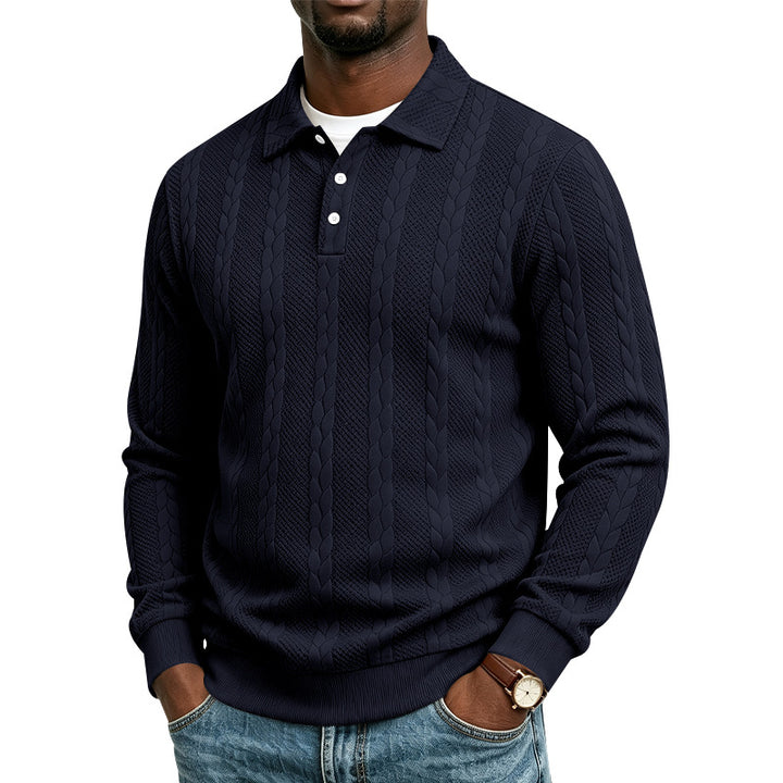 Herren Gestrickter Polokragenpullover mit Zopfmuster und feiner Knopfleiste Echoarchiv