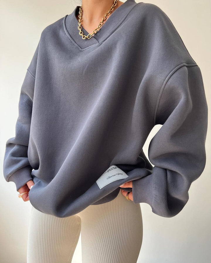 Damen Oversized Sweatshirt mit V-Ausschnitt und geripptem Kragen Echoarchiv