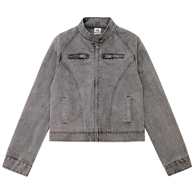 Damen kurze Bikerjacke aus Vintage‑Lederoptik mit Stehkragen und Brustzipper Echoarchiv