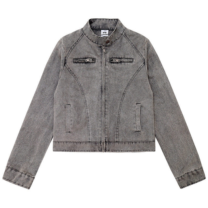 Damen kurze Bikerjacke aus Vintage‑Lederoptik mit Stehkragen und Brustzipper Echoarchiv