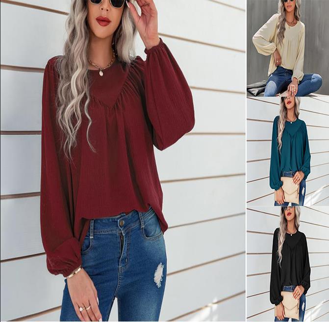 Damen Lässiges Viskose-Blusenshirt mit Rundhals und Ballonärmeln – Avérine