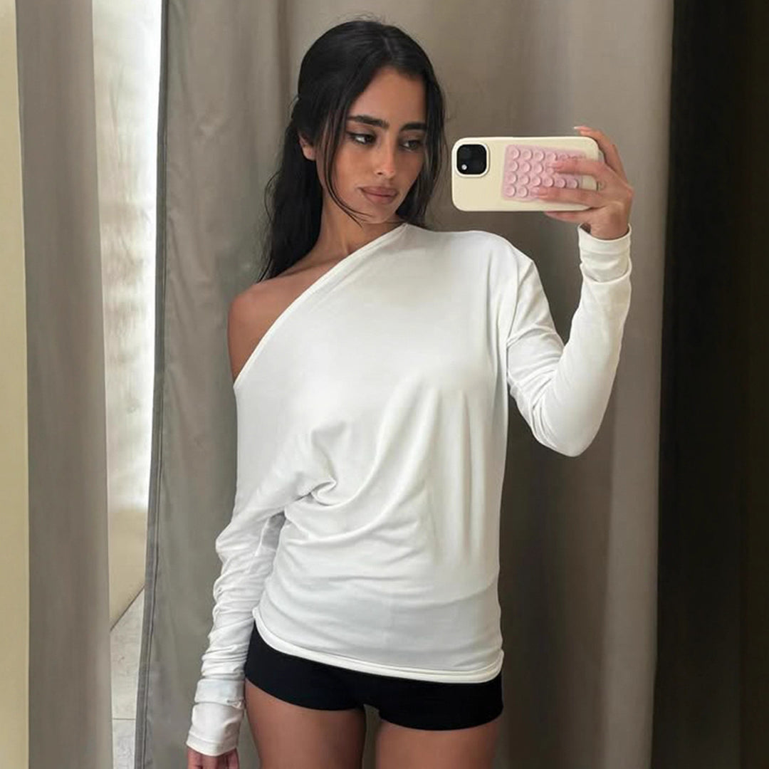 Damen nan asymmetrisches Off-Shoulder Longsleeve mit taillierter Silhouette und Daumenloch-Ärmeln Echo Archiv