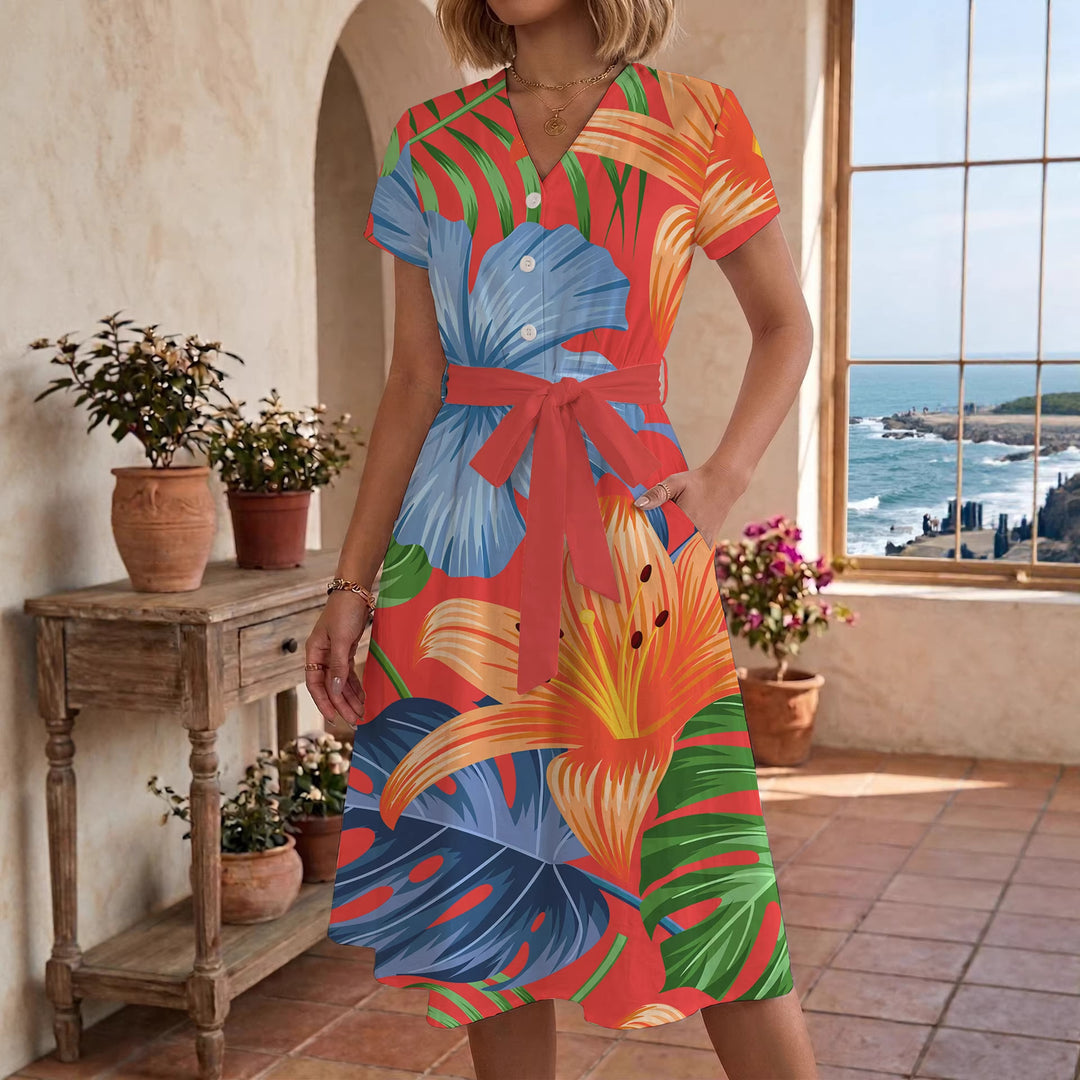 Damen Midi Kleid mit floralen Akzenten und tailliertem Schnitt Echo Archiv