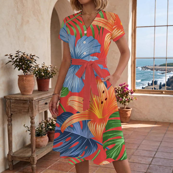 Damen Midi Kleid mit floralen Akzenten und tailliertem Schnitt Echo Archiv