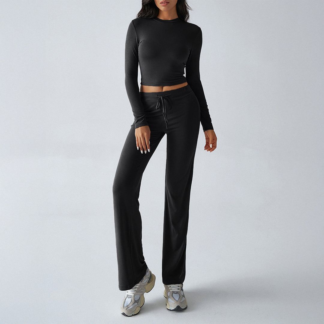 Damen nan tailliertes Longsleeve-Crop-Top und weite Lounge-Hose im Zweiteiler-Set aus Stretchjersey Echo Archiv