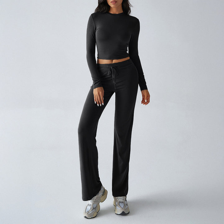 Damen nan tailliertes Longsleeve-Crop-Top und weite Lounge-Hose im Zweiteiler-Set aus Stretchjersey Echo Archiv