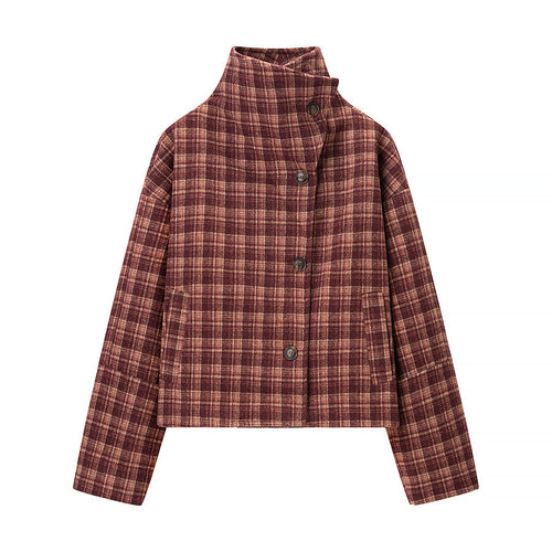 Damen Kurzjacke im Karomuster mit Boxy‑Schnitt, Stehkragen und asymmetrischer Knopfleiste Echoarchiv