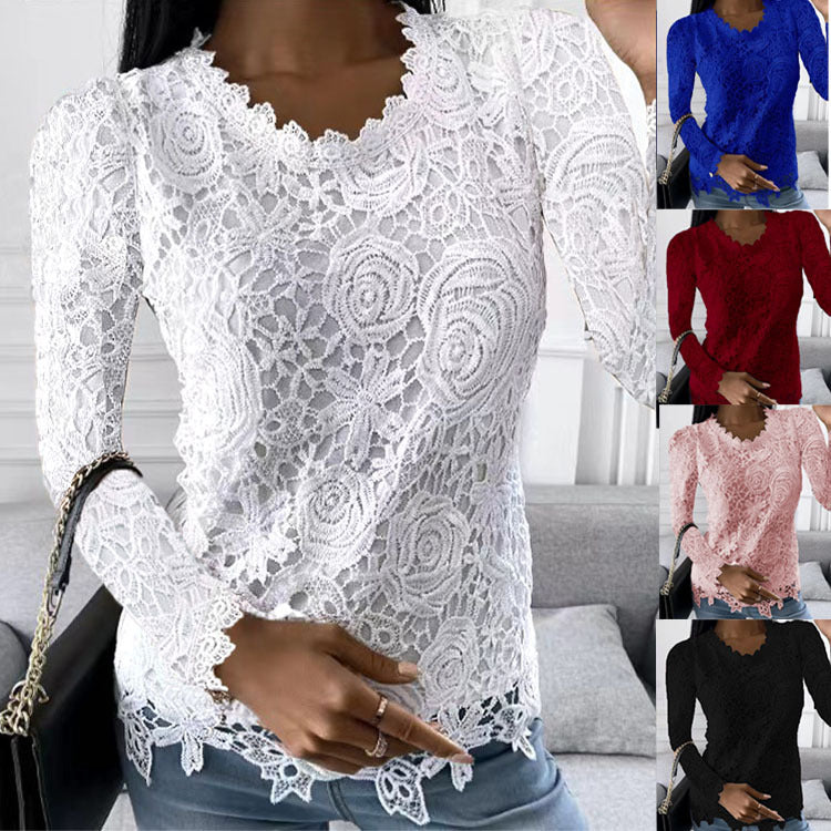 Damen nan figurbetonte Spitzenbluse mit floraler Allover-Spitze, Langarm und gezacktem Saum Echo Archiv