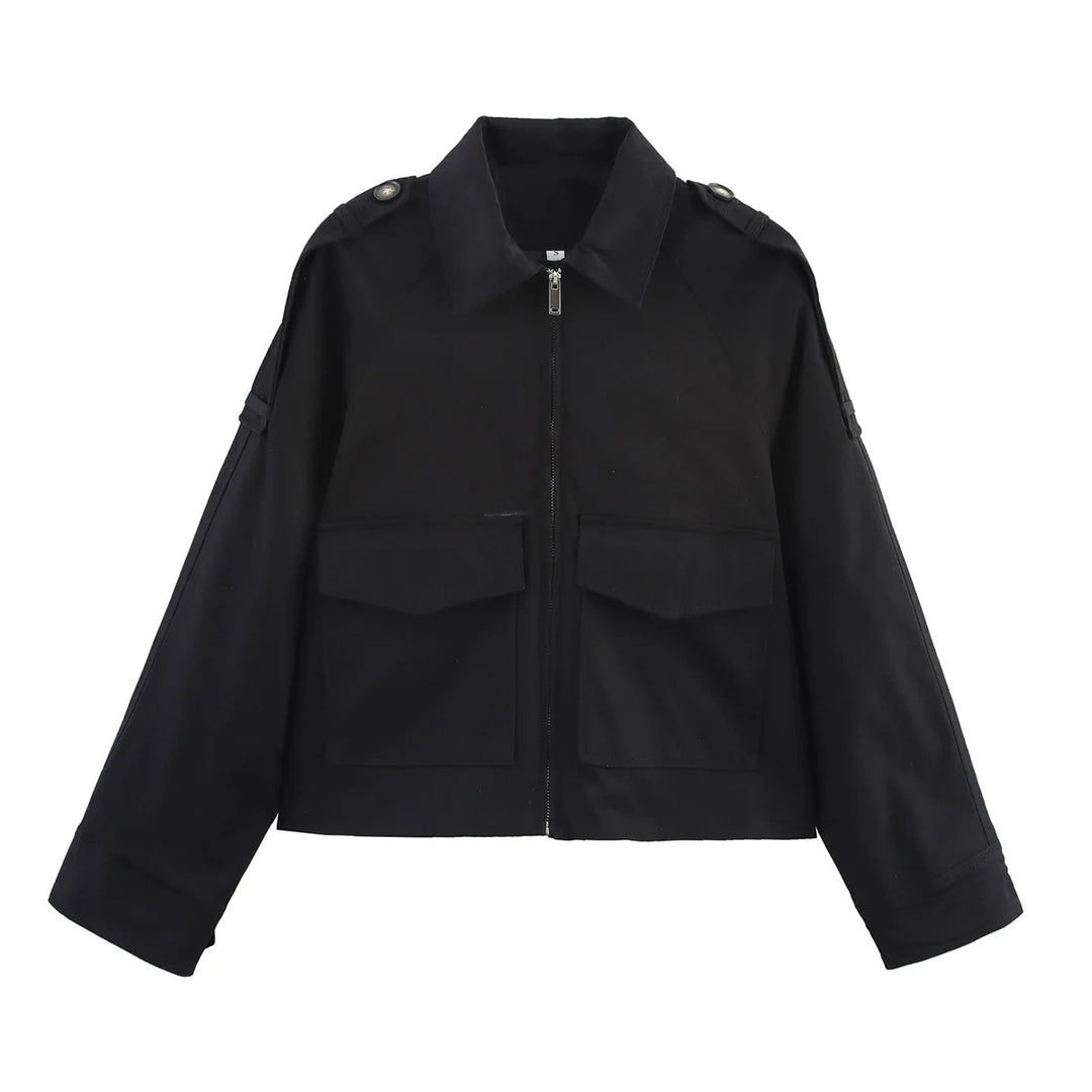 Damen kurze Utility-Blousonjacke mit aufgesetzten Klappentaschen und Epauletten – Célinea