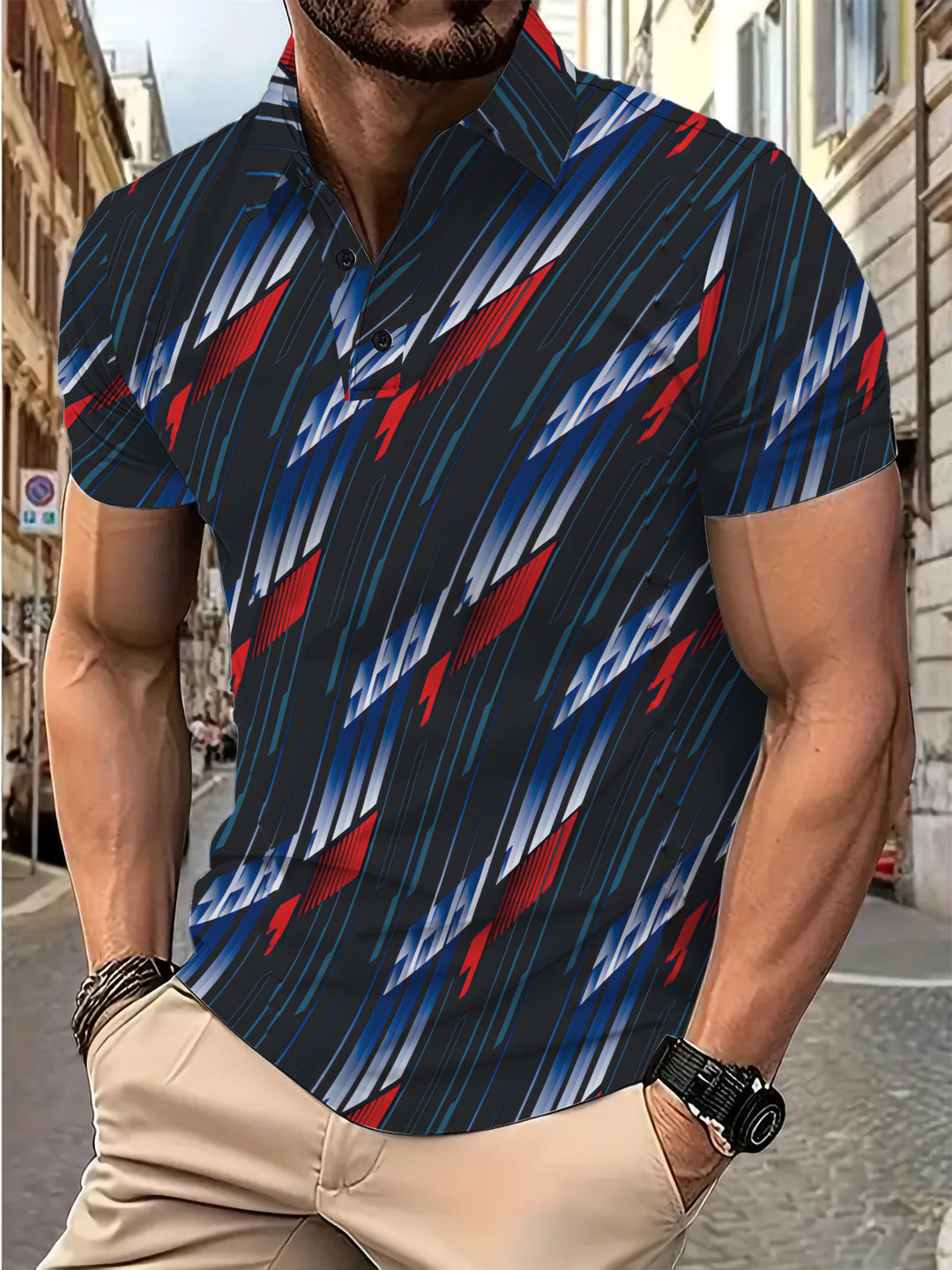 Herren Kurzarm-Hemd mit modernem Grafikdruck Echoarchiv
