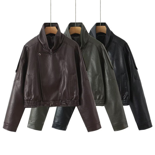 Damen Cropped Bikerblouson aus veganer Lederoptik mit asymmetrischer Frontpatte und Taillenbund Echoarchiv