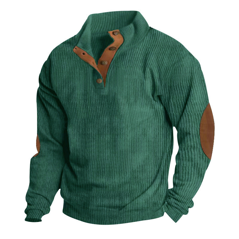 Herren nan grober Rippstrick-Pullover mit Stehkragen, Knopfleiste und markanten Ellenbogenpatches Echo Archiv