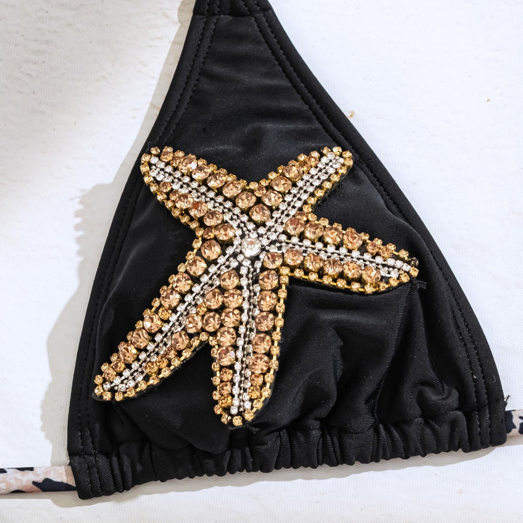 Damen Triangel-Bikini mit Glitzerstein-Dekoration und tierischem Muster Echo Archiv