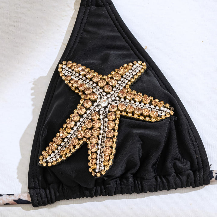 Damen Triangel-Bikini mit Glitzerstein-Dekoration und tierischem Muster Echo Archiv