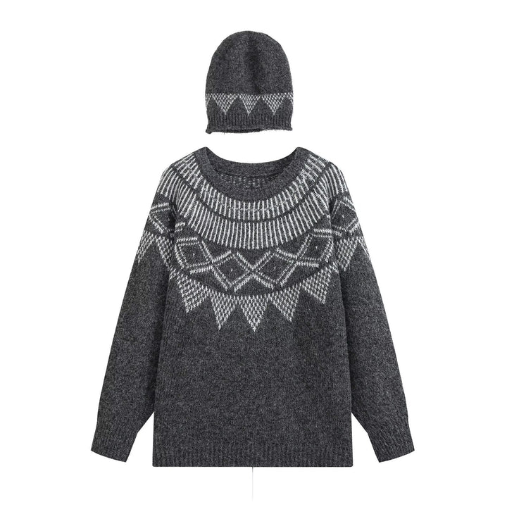 Damen Oversized Norweger-Strickpullover mit Rundhalsausschnitt und passender Mütze Echo Archiv