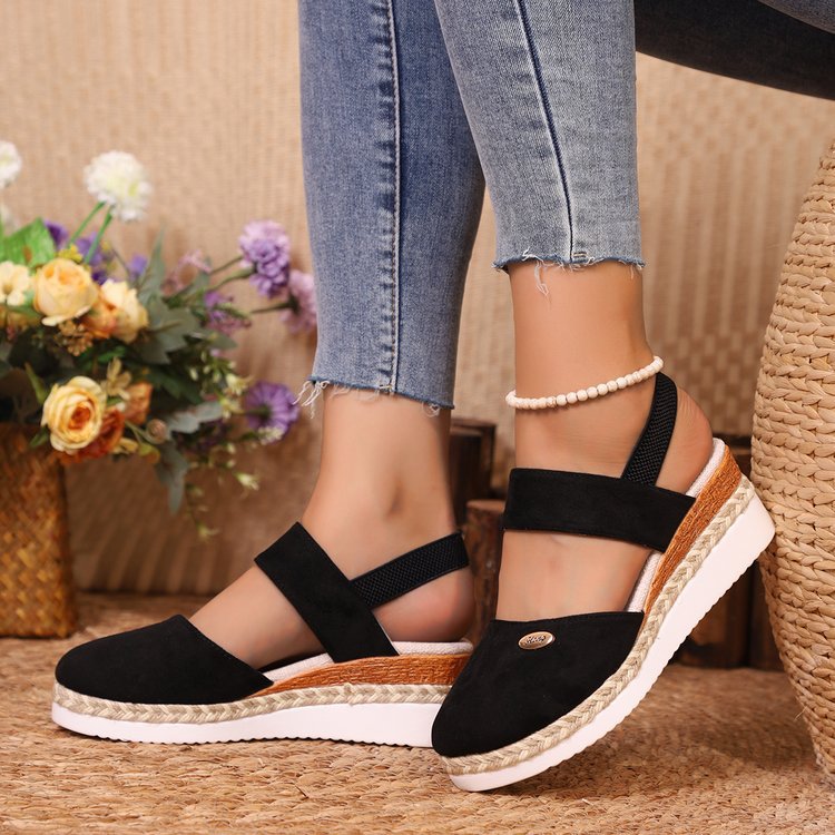 Damen  Espadrille-Keilpantoletten mit elastischem Fersenriemen, Veloursoptik-Obermaterial und geflochtenem Jute-Plateau Echo Archiv