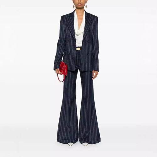 Damen Nadelstreifen Zweireihiger Blazer mit High‑Waist Schlaghose Echoarchiv
