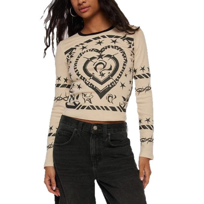 Damen Cropped-Langarmshirt mit figurbetontem Schnitt und Allover-Herzprint – Avérine