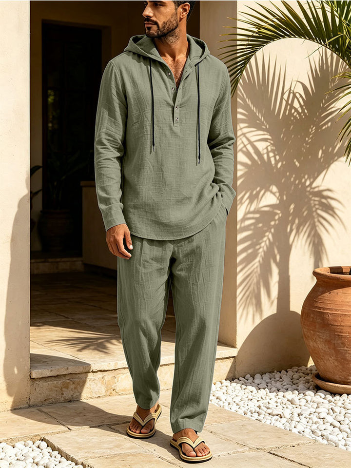 Herren Lässiges Leinen-Look Freizeit-Set mit Kapuzenhemd und weiten Hosen Echoarchiv
