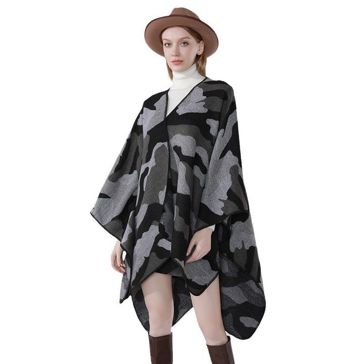 Damen Oversize-Cape mit Camouflage-Jacquard, offener Kimono-Fall und Ziernaht – Célinea