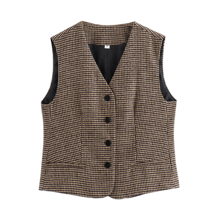 Damen tailliertes Hahnentritt-Gilet mit V-Ausschnitt und Knopfleiste – Avérine