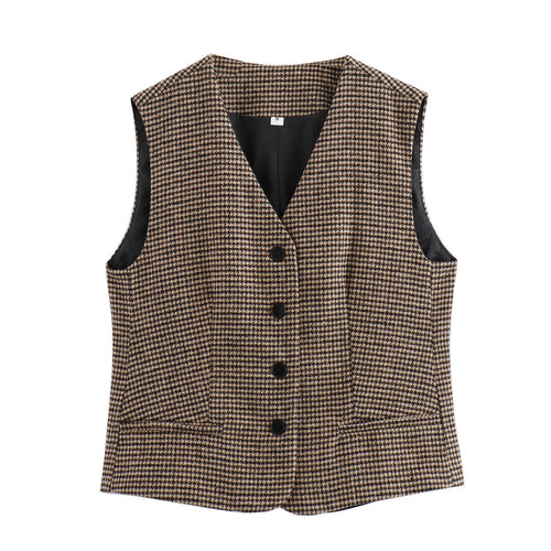 Damen tailliertes Hahnentritt-Gilet mit V-Ausschnitt und Knopfleiste – Avérine
