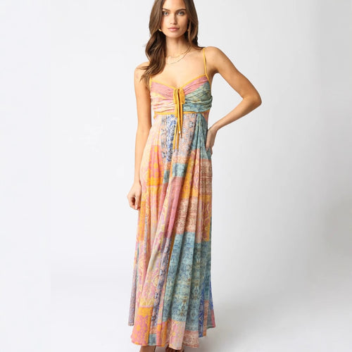 Damen nan bodenlanges Maxikleid mit gerafftem Bustier, Tunnelzug und Patchwork-Print Echo Archiv