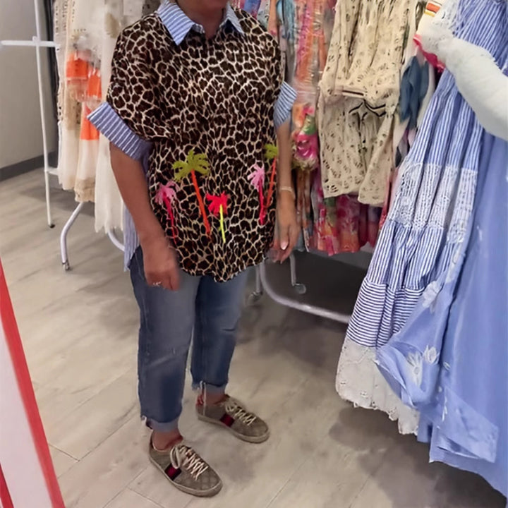 Damen nan weit geschnittene Poncho-Tunika mit Leoprint und dekorativen Flamingo-Applikationen Echo Archiv