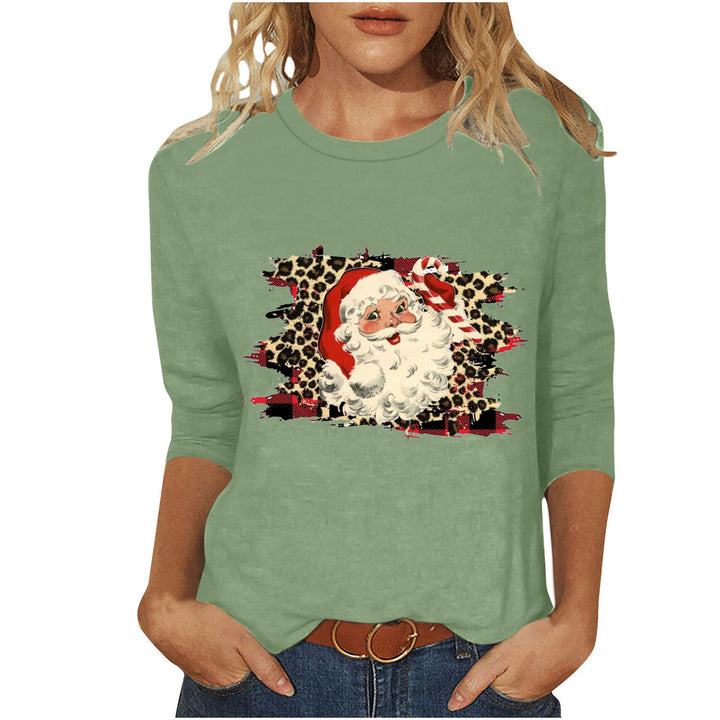 Damen lässiges Sweatshirt mit Retro-Weihnachtsmann-Print, Leoparden- und Karomuster und dreiviertelärmel – Avérine