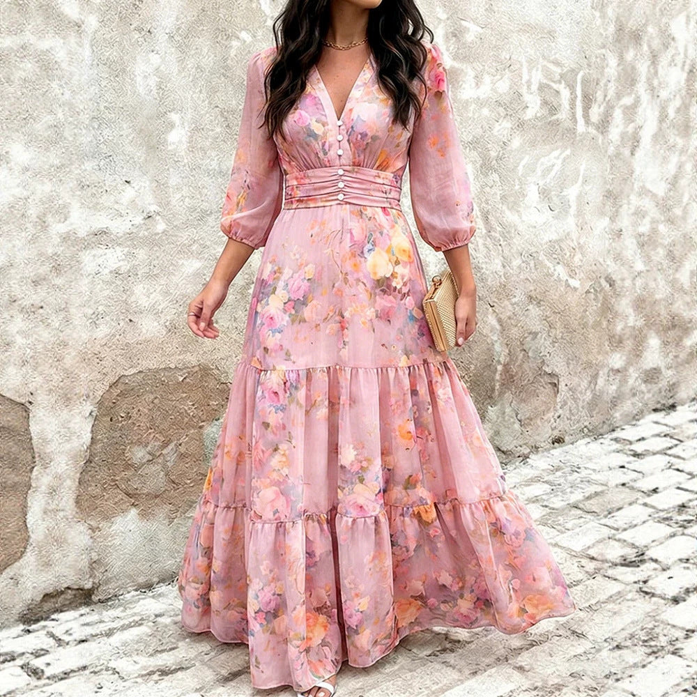 Damen Maxikleid mit Wickeloptik, V-Ausschnitt und geraffter Taillenpartie – Valéora