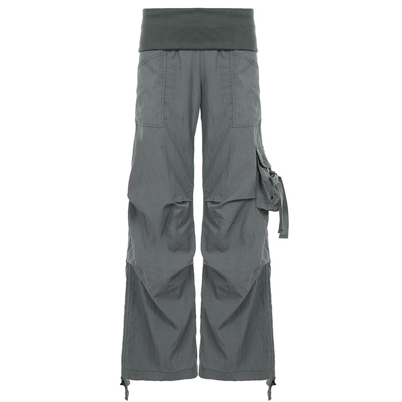 Damen Weite Cargo-Hose mit hohem Umschlagbund, Utility-Tasche und Kordelzug – Avélisse