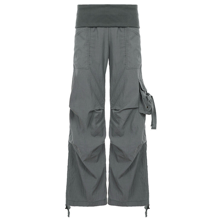 Damen Weite Cargo-Hose mit hohem Umschlagbund, Utility-Tasche und Kordelzug – Avélisse