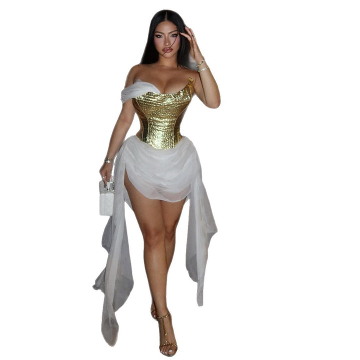Damen Elegantes asymmetrisches Cocktailkleid mit goldenen Akzenten Echo Archiv