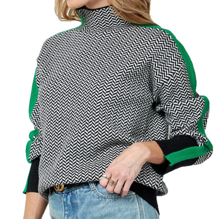 Damen Feinstrickpullover mit geometrischem Jacquardmuster, Stehkragen und Kontrastband – Mavelle
